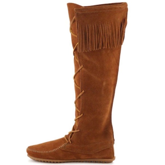 LIKE🆕MINNETONKA CHESTNUT BROWN SUEDE LACEUP FRINGE MOCCASIN KNEE BOOTS - Picture 7 of 16